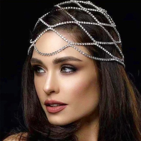 CaliShadow Accessories - Multi-layer Mesh Bridal Headband Rhinestone Head Chain Hair Accessories